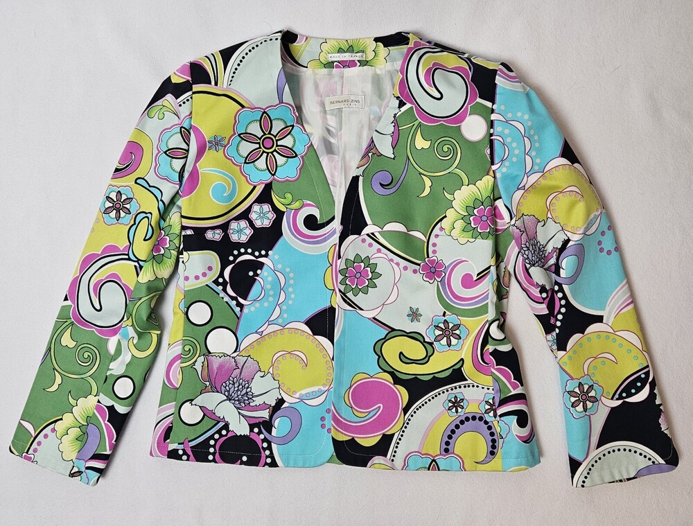 Vintage BERNARD ZINS Paris Bright Floral Blazer Jacket Size 10